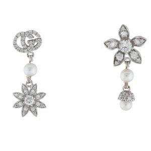GUCCI Flower & Double G 18K White Gold Earrings